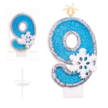 Imagem de AKURIEEY 9ª Velas azuis de floco de neve de aniversário com tema de congelamento número 9 velas para enfeite de bolo, decorações de cupcake, decoração de festa, aniversário, celebrações, suprimentos