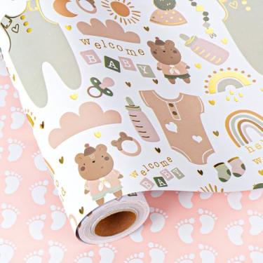 Imagem de MAYPLUSS Rolo de papel de embrulho reversível para chá de bebê, papel de embrulho neutro de gênero para bebê, roupas de recém-nascido de folha metálica, garrafa e embrulho de presente arco-íris para