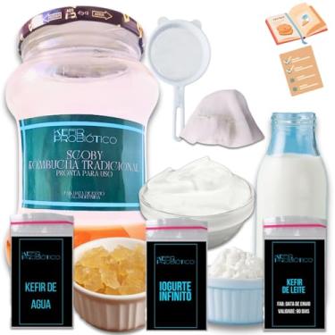 Imagem de Kit Completo Kombucha 500ml + Kefir de Leite e Água + Iogurte Infinito + Peneira e Tampa! Saúde Natural em Casa!
