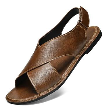 Imagem de HDFDB Sandálias masculinas de couro genuíno feitas à mão com tiras ajustáveis nas costas com gancho e laço, bico aberto, sandálias para atividades ao ar livre, verão, casual, férias, praia, sandálias