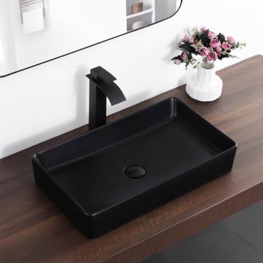 Imagem de KARAMAG Pia de banheiro retangular preta 61 cm x 35 cm acima do balcão de porcelana pequena pia de cerâmica pia pia de cerâmica para banheiros