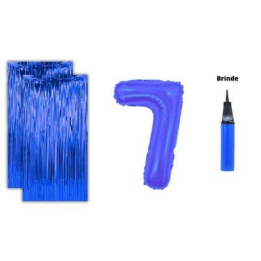 Imagem de Kit 2 Cortinas Metalizadas e Balão Número +Inflador Ar- Azul - Partiuf