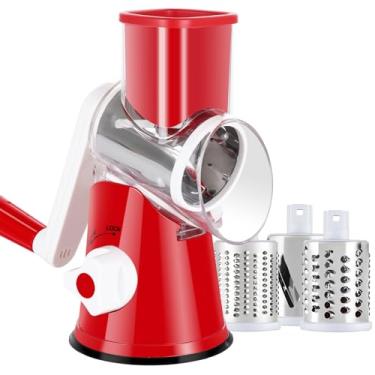 Imagem de Ancevsk Triturador rotativo de queijo, cortador de bandolim redondo manual Speed Kitchen com 3 lâminas intercambiáveis para nozes, cenoura, hashbrown, alho, noz, batata, chocolate (vermelho)
