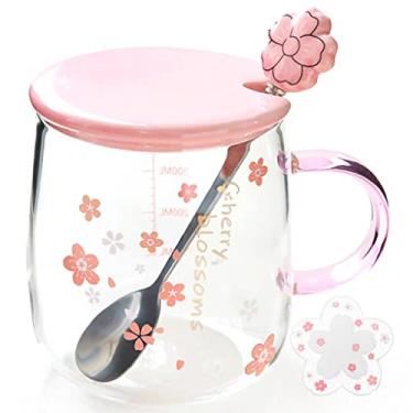 Imagem de ZRAGEK Caneca Sakura Creative Sakura Cup Coaster, copo de bebida de escritório com escala, caneca de vidro resistente ao calor fofa com colher de tampa, 500 ml (flor pequena, 500 g)