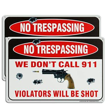 Imagem de HISVISION Pacote com 2 placas de arma, We Don't Call 911, No Trespassing Violators Will Be Shot - 30,48 x 20,32 cm Alumínio livre de ferrugem protegido UV e placa armada à prova d'água