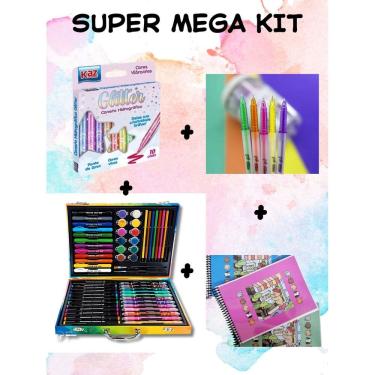 Imagem de Super Mega Kit maleta 58 peças canetinha glitter canetinha fluorescente livro de colorir papelaria