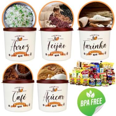 Imagem de Kit 5 Pote Organizador Premium (BRANCO C/TAMPA MARROM) Porta Mantimento 2 Litros (Arroz, Feijão, Açúcar, Farinha, Café)