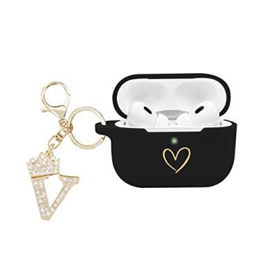 Imagem de AIIEKZ Capa compatível com AirPods Pro 2 2022, capa de silicone macio com padrão de coração dourado para AirPods Pro 2ª geração com chaveiro de letra A-Z cravejado de strass (V preto)