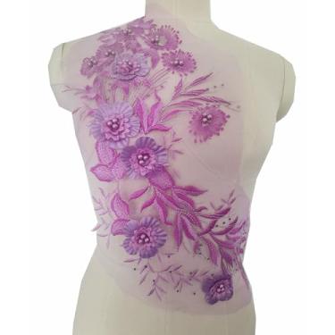 Imagem de Aplique de renda floral 3D bordado com apliques de flores com pérolas costuradas em remendos roupas de noiva casamento vestido de dança decoração (roxo)