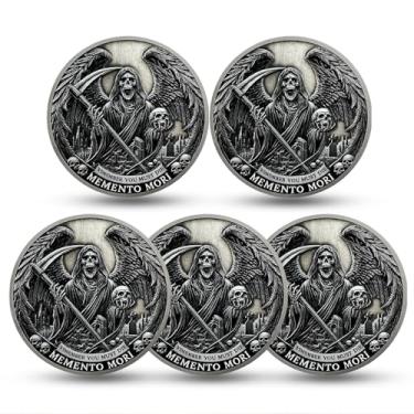 Imagem de RYUKENLM Pacote com 5 Moedas Memento Mori Memento Vivere 3D Skull Challenge Coins EDC Reminder Token Fac Vitam Incredibilem Inspirational Stoicism Gifts for Daily Stoic Practice
