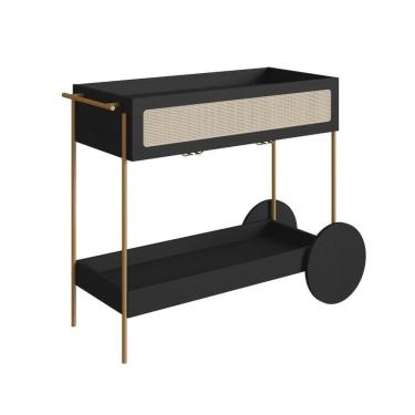Imagem de Carrinho Bar 1 Gaveta Oslo Artesano 112 Cm Largura Mdp Nero Palha Sintética Bege Pé Met...