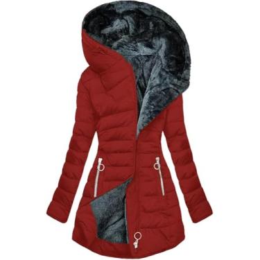 Imagem de Jaqueta De Inverno Para Mulheres Forrada De Lã Com Capuz Leve Acolchoado Parka Casaco Sherpa Espessado à Prova De Vento Com Capuz Casaco Acolchoado Quente Sobretudo De Lã, Red A, M
