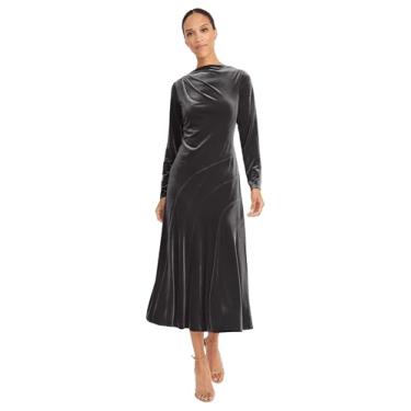 Imagem de Maggy London Vestido feminino de manga comprida de veludo com corpete justo e saia rodada evasê, Preto, 42