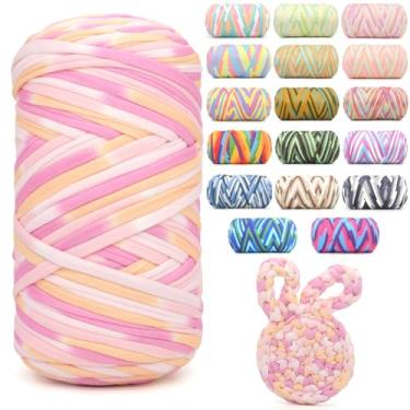 Imagem de Camiseta de 400 g para crochê, arco-íris, tecido elástico macio, grosso, grosso, fio de crochê para crochê, tricô iniciante, tricô à mão, para bolsa/artesanato faça você mesmo/decoração de casa - tom