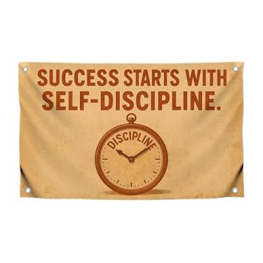 Imagem de Bandeira de motivação de 9,5 x 1,5 m com citação "Success Starts With Self-Discipline" com quatro ilhós de latão - Bandeiras decorativas de poliéster para salas de estar - Banners de um lado para
