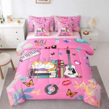 Imagem de Erosebridal Jogo de cama King com tema de música, borboleta, 7 peças, livro de música, gato, para fãs, moderno, moderno, rosa, conjunto de lençol com edredom e aniversário, dia dos namorados