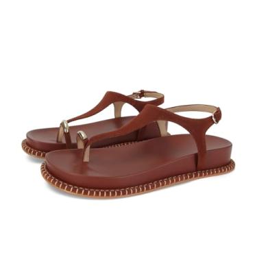 Imagem de SOVANYOU Sandálias de dedo para mulheres, bico redondo, aberto, tira no tornozelo, plataforma, moderna, anel, confortável, elegante para o verão, sapatos planos, Caramel, 40