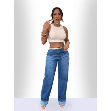 Imagem de Calça Feminina Jeans Reta Barra Dobrada Fit - Razon Jeans, 38, Azul