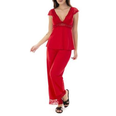 Imagem de Pijama Feminino Longo Manga Renda - donna, G, Rubi