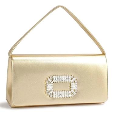 Imagem de FERUN Bolsa Clutch Dourada com Cristais – Festa, Casamento e Eventos, Couro Sintético PU, Design Luxo