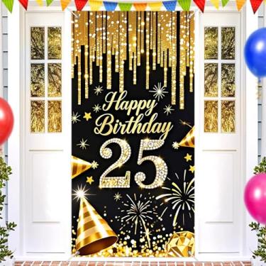 Imagem de HOMETITUTE Capa de porta de aniversário de 25 anos 188 x 89 cm faixa de porta de aniversário preta e dourada para decorações de festa sinal de fundo número diamante para meninas meninos adultos