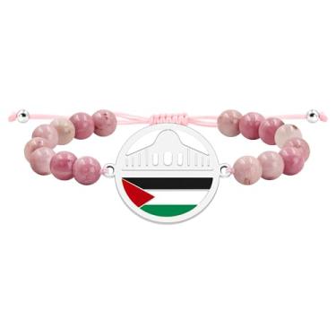 Imagem de Uloveido Pulseira Palestina com contas de pedra feita à mão com design de ramo de oliveira da pomba da paz - Pulseira palestina de identidade cultural com gravação personalizada, joia de cultura
