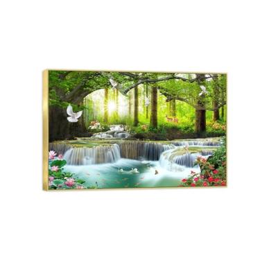 Imagem de BMZFYBS Impressão em tela de paisagem - Forest River Lotus Animals-Nature Wall Art Chinoiserie Picture-Gold Frame Decoration Poster 50x75cm20x30in