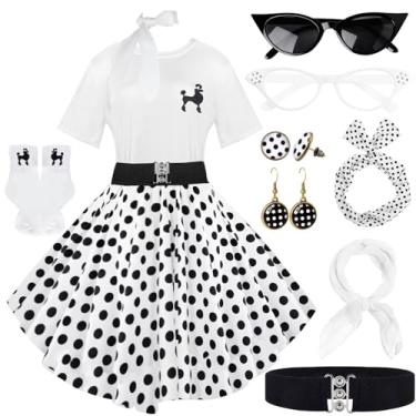 Imagem de 10 peças de roupas femininas, saias poodle dos anos 1950, camiseta poodle com acessórios dos anos 50, meias, cachecol, faixa de cabeça, brinco de cinto, Pontos brancos e pretos, Small