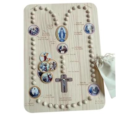 Imagem de Tábua de rosário de madeira, quadro de oração educacional cognitiva, com 22 cartões de mistério e 54 rosários e 1 para crianças para melhorar a concentração enquanto aprendem madeira