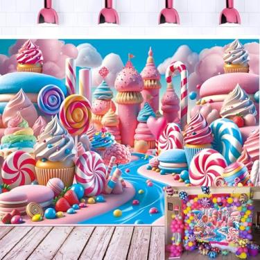 Imagem de Candyland Pano de fundo doce sorvete pirulito donut castelo doces tema fotografia fundo crianças menina aniversário festa bebê bolo decoração suprimentos 1,8 x 1,5 m