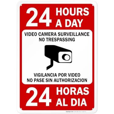 Imagem de Placa de vigilância por vídeo contra invasão, bilíngue inglês e espanhol, 25 x 35 cm, alumínio 040 sem ferrugem, resistente ao desbotamento, feito nos EUA por Sigo Signs