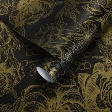 Imagem de Toduso Papel de parede floral preto e global, papel de parede moderno, papel de parede removível, 43,9 x 1,000 cm, autoadesivo para decoração de gaveta de banheiro, quarto, decoração