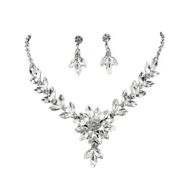 Imagem de Conjunto Feminino Colar Brinco Floral Zirconia Azul Verde Prata – Acessórios Elegantes Casamento, Festa, Formatura, Debutante e Presente Mãe Namorada Noiva Amor Romântico (Prateado)