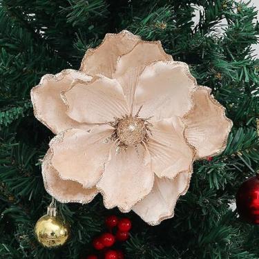 Imagem de tiecawk 6 peças de enfeite de árvore de Natal com glíter, flores de magnólia artificiais, de veludo, magnólia, decorações de árvore de Natal para Natal, Ano Novo, enfeites de casamento (champanhe)