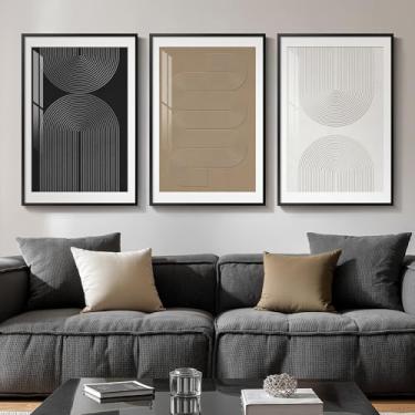Imagem de Arte de parede abstrata neutra boho emoldurada, conjunto de 3 pinturas de arte moderna para paredes, imagens geométricas minimalistas preto branco marrom para sala de estar, sala de jantar, decoração
