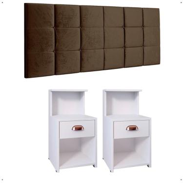 Imagem de Kit Quarto 2 Mesinhas Cléo Pequena Gaveta Nicho Mudo Retrô Cabeceira Estofada Suspensa Bia Cama Box Casal 1,40 - RPM