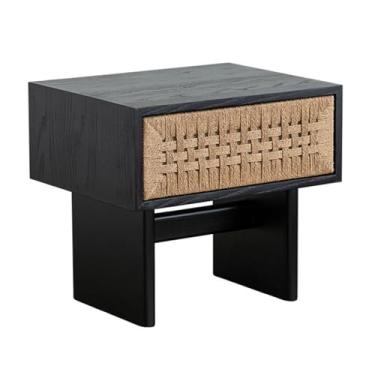 Imagem de ZzleoyuUUs-12 Mesa de chá vintage mesa de cabeceira de vime armário de armazenamento com gaveta sofá lateral sala de estar quarto mesa de chão (preto)