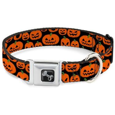 Imagem de Buckle-Down Coleira para animais de estimação, fivela de cinto de segurança de metal, Jack O Lantern Pumpkin Expressions Preto Laranja, 40,6 a 58 cm de largura