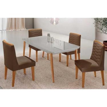 Imagem de Conjunto Sala de Jantar Havana c/ Tampo Madeirado c/ Vidro Canto Curvo 120x80cm e 4 Cadeiras Maldivas Madeira Maciça Naturale/Off White - Capuccino/Su