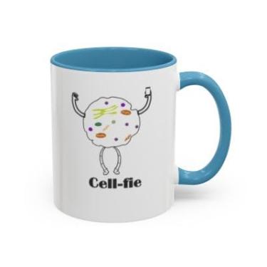 Imagem de SpreadPassion Caneca de café de ciência engraçada Cell-fie – Trocadilho celular de biologia – Caneca com detalhes de cerâmica para amantes da ciência, biólogos, professores e estudantes (azul claro