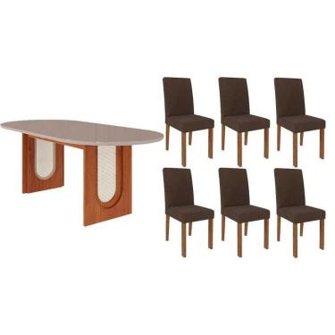 Imagem de Conjunto: Mesa de Cozinha Valentina Tampo Madeirado Oval c/ Vidro 210x100cm e 6 Cadeiras Maia Cinamomo/Off White - Suede Mascavo Chocolate - Cimol