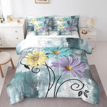 Imagem de Jogo de cama solteiro rústico azul-petróleo, casa de fazenda rústica, de madeira, turquesa, floral, campo, flores silvestres, campo e flores silvestres, lençol com edredom, fazenda com borboleta