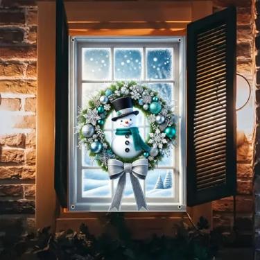 Imagem de BlissYard Capa de janela de Natal, grinalda de boneco de neve de poliéster, 78 x 128 cm, cenário de férias, painel de janela de inverno, cenário interno, externo, floco de neve, decoração de parede