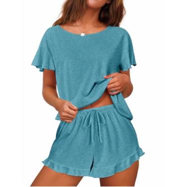 Imagem de Conjunto de pijama feminino Ekouaer, mangas com babados e shorts, azul