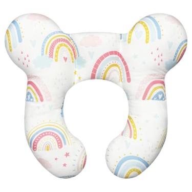 Imagem de DEEZOMO Travesseiros de pescoço de bebê – Almofada de viagem infantil atualizada para cabeça e pescoço de criança, travesseiro de pescoço infantil para carro avião carrinho de bebê – arco-íris A