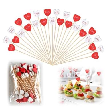 Imagem de 100 palitos de bambu para coquetéis de 12 cm em formato de coração de amor espetos extravagantes para casamento, dia dos namorados ou decoração de festa de aniversário (vermelho e branco)