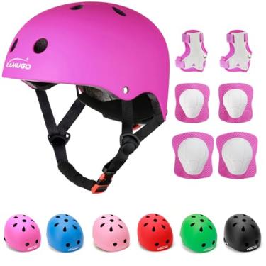 Imagem de KAMUGO Capacete ajustável para crianças, com conjunto de protetores esportivos de joelho, joelheiras, joelheiras, joelheiras, para crianças de 3 a 8 anos, meninos, meninas, bicicletas, skate, skate, skate, patinete, conjunto de capacete de patins, Roxa