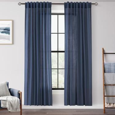 Imagem de Cortinas azul marinho 203 cm de comprimento para quarto com filtro de luz azul semitransparente, cortinas de sala de estar, linho, algodão, texturizado, azul índigo, painel moderno de cortina de casa