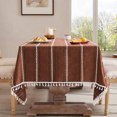 Imagem de ZeeMart Toalha de mesa boho listrada bordada com bainha em terracota, 152 x 152 cm, toalha de mesa de terracota de linho de estopa pesada, resistente a amassados, lavável para mesa quadrada
