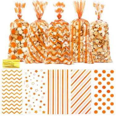Imagem de Sacos de guloseimas de outono de Ação de Graças, sacos de guloseimas de celofane de outono, 100 peças, saco de doces de laranja, saco de presente de biscoito de plástico com 100 peças de laços